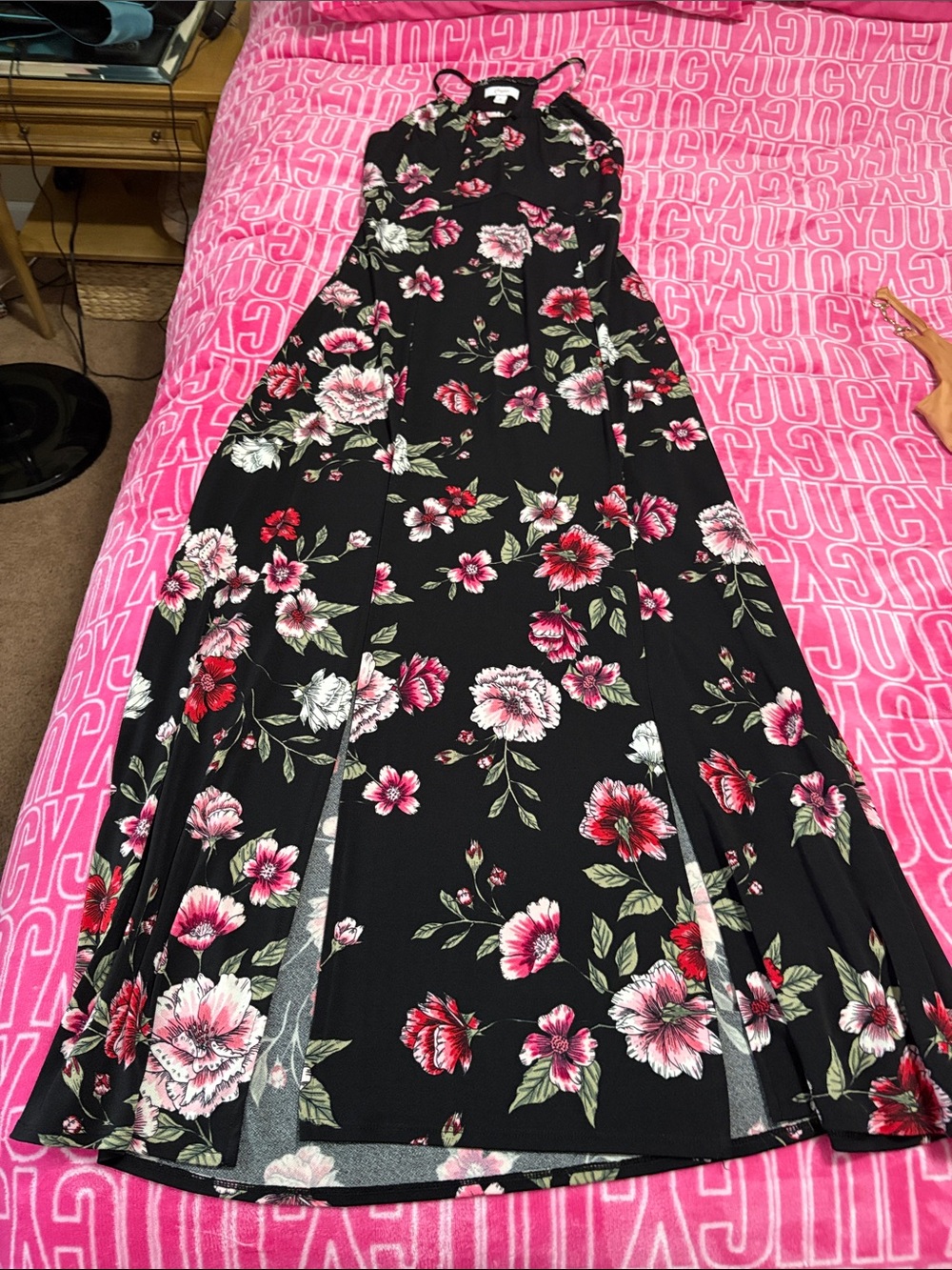 Candie's Black Floral Maxi Dress with Pink and Red Flowers